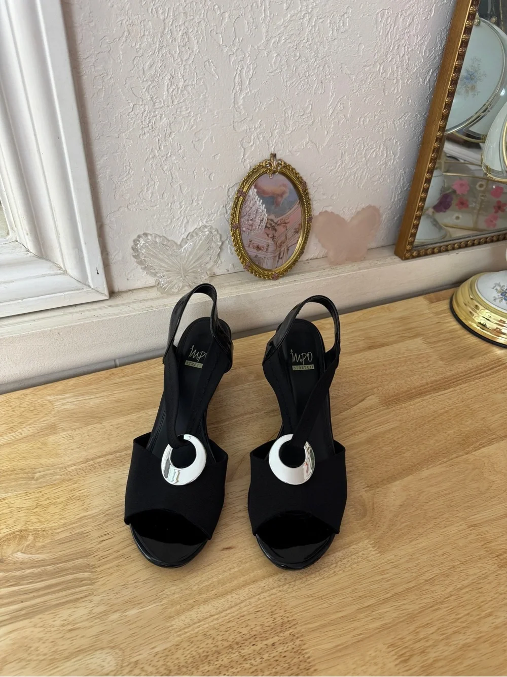 IMPO Black Stretch Slingback Wedge Sandals Size 10 Y2K Peep Toe Comfort Heels